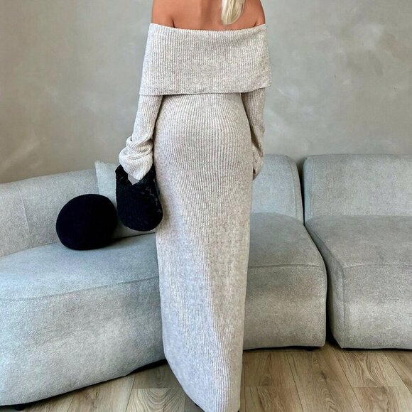 Khaki Elegant Women's Solid Color Long Sleeve Off Shoulder Casual Dress - Picture 2 of 6